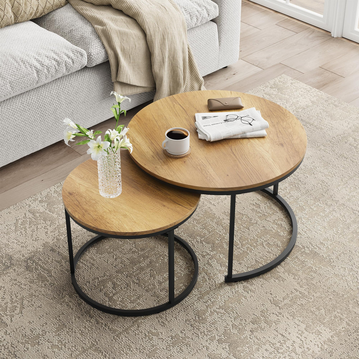 Set of 2 Round Wood Grain Coffee Table Y7175