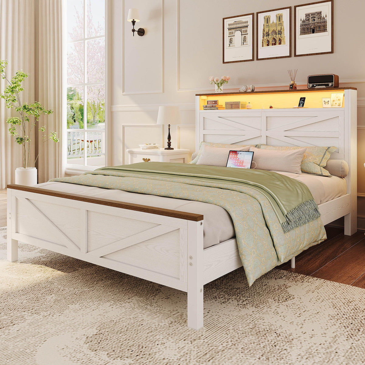White Full Bed Frame with LED Lights & Charging Station R508985