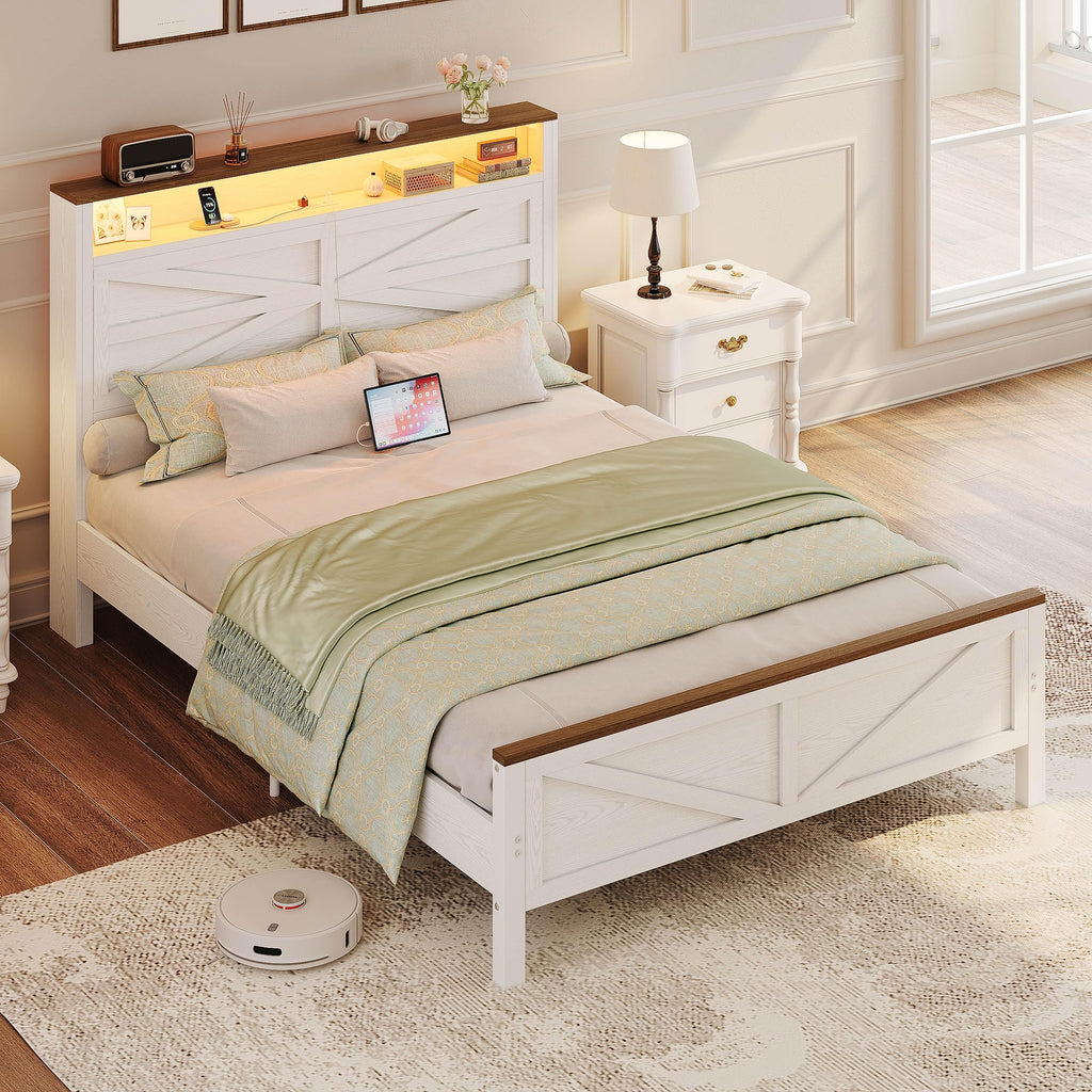 White Full Bed Frame with LED Lights & Charging Station R508985