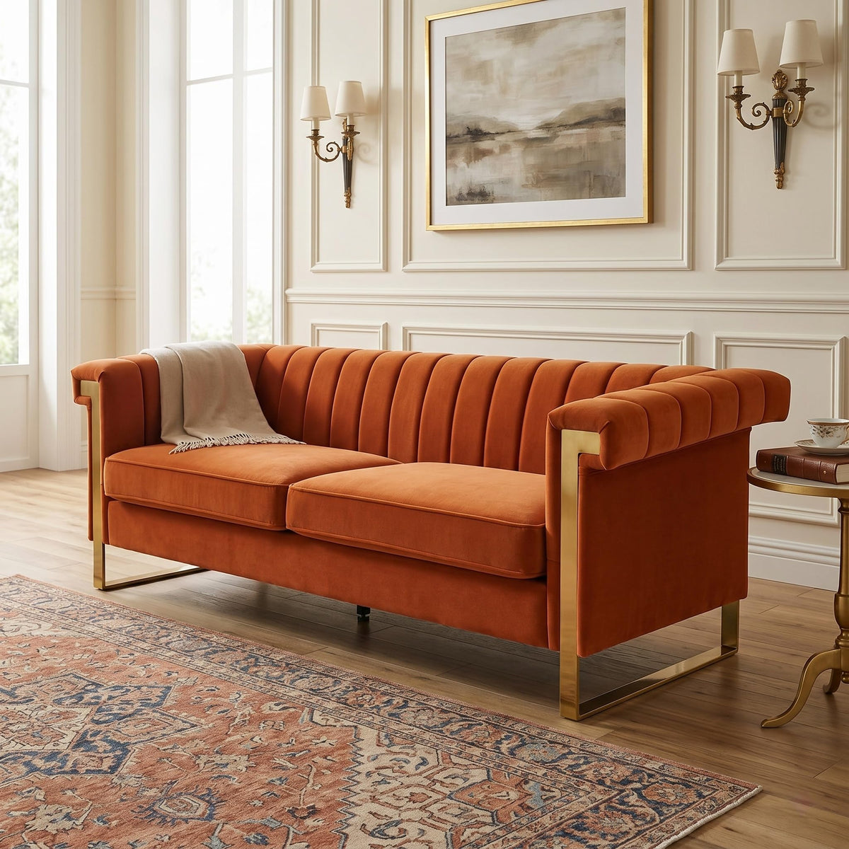 Orange Velvet 3-Seater Sofa Y983