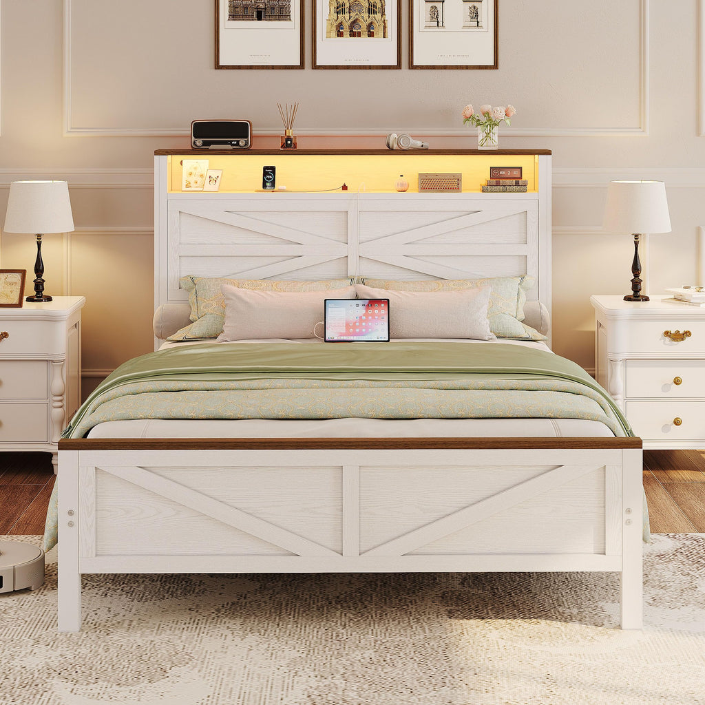 White Full Bed Frame with LED Lights & Charging Station R508985