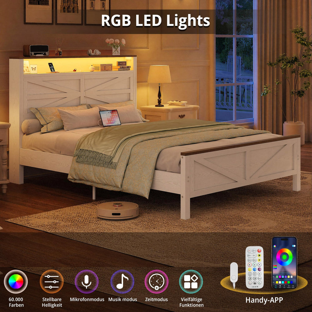 White Full Bed Frame with LED Lights & Charging Station R508985